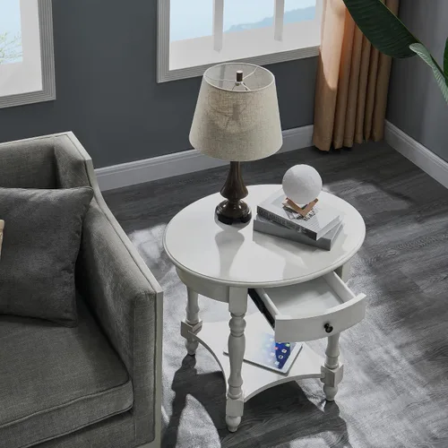 Vista 5 de Mesa auxiliar ovalada de madera con cajón y estante de almacenamiento, 22 x 28" blanco antiguo con cajón-cjz