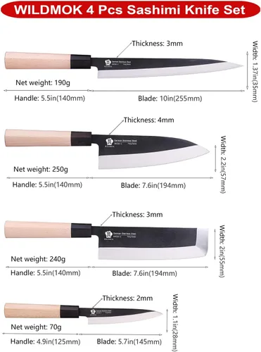 Vista 3 de WILDMOK GYUTO - Juego de 4 cuchillos de chef de sushi Yanagiba-Deba-Nakiri-Utilidad, cuchillos de fileteado de pescado con hoja de acero alemán