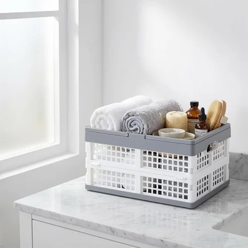 Vista 6 de Paquete de 2 cajas de almacenamiento plegables de plástico con asas, cajas plegables de plástico de 15 L para compras