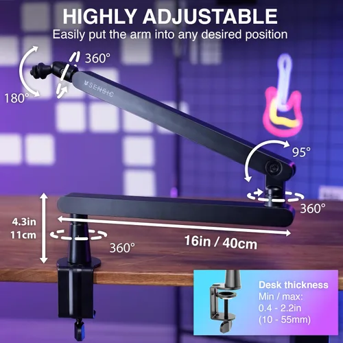 Vista 6 de Sensic SA-30 LP Brazo de micrófono de perfil bajo, soporte de micrófono giratorio de 360°, brazo de micrófono de perfil bajo para transmisión