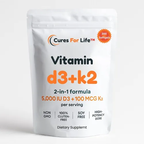Vista 2 de Vitamina D3 5000 UI con K2 MK-7 100 mcg, 300 cápsulas blandas - Aceite de coco virgen de alta potencia, apoyo óseo, corazón e inmune - Sin OMG