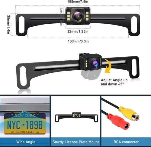 Vista 5 de GLK Cámara de visión trasera AHD 1080P cámara de visión nocturna inversa, cámara de respaldo de matrícula con 6 luces LED, ángulo de visión amplio