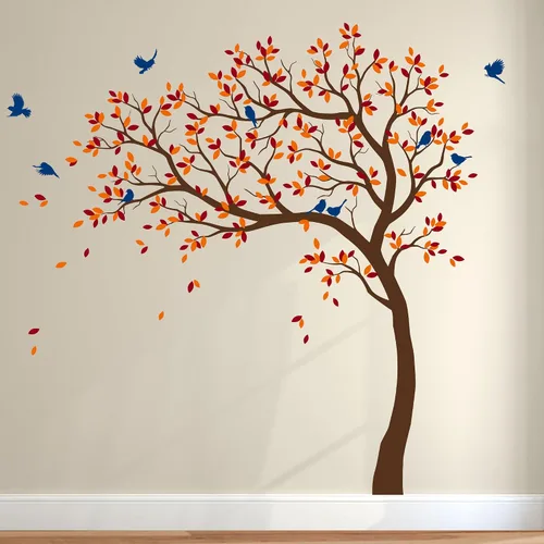 Vista 15 de Calcomanías de pared para árbol grande, calcomanías de árbol inclinado con pájaros, mural de vinilo decorativo KW032