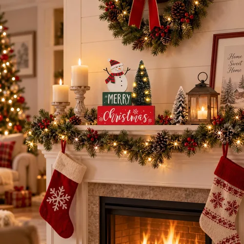 Vista 5 de Decoraciones de Navidad para el hogar, árbol de Navidad con luces LED, temporizador, letrero de muñeco de nieve de granja, signo de mesa de madera