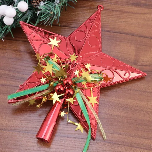 Vista 6 de Amosfun Decoración de estrella para árbol de Navidad de 7.9 in, decoración de árbol de Navidad con purpurina (rojo)