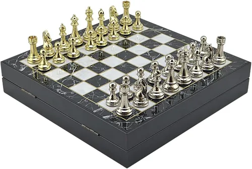 Vista 2 de Classic Fifures - Juego de ajedrez de metal para adultos, piezas hechas a mano y tablero de ajedrez de madera de diferentes diseños con Mármol