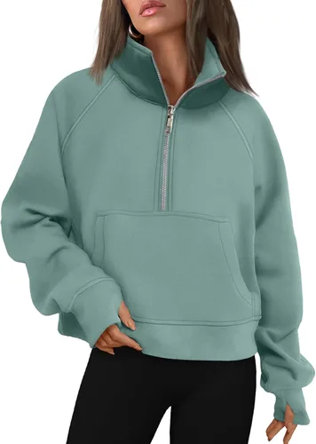 Vista 12 de AUTOMET Sudaderas con media cremallera para mujer, sudadera corta de vellón con cremallera de un cuarto, sudaderas con capucha para el otoño, a
