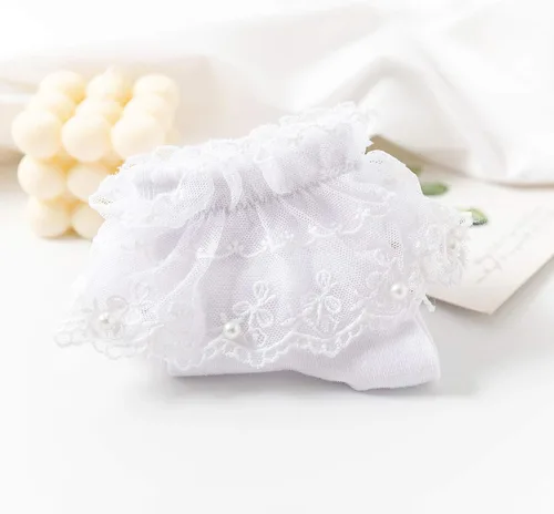 Vista 5 de SEMOHOLLI Calcetines de tobillo para mujer, con volantes de encaje con perlas, cómodos, no visibles, de algodón, calcetines de princesa, calcetines