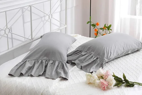 Vista 5 de Fundas de almohada grises con volantes largos de cortinas, fundas de almohada grises de algodón puro, tamaño estándar 20"X26", paquete de 2