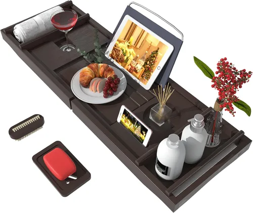 Vista 11 de Bandeja de baño para tina, bandeja organizadora ajustable de bambú con jabonera, ideal para spa de lujo o lectura (negro)