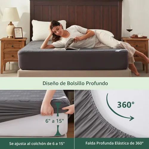Vista 5 de Protector de colchón impermeable de 40% rayón derivado del bambú, cubrecolchón con tejido de aire 3D transpirable, con bolsillo profundo de 8 a 21