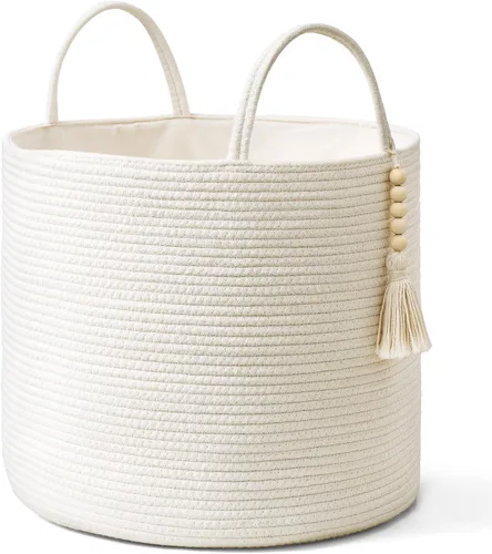 Vista 11 de Mkono - Canasta de almacenamiento tejida, canasta decorativa de cuerda natural con cuentas de madera para mantas, juguetes, ropa, zapatos y plantas