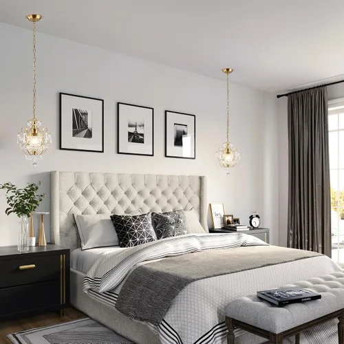 Vista 4 de Mini Candelabro Dorado Moderno, Lámparas de Luz de Cristal para Montaje en Techo de 1 Luz, Pequeños Candelabros de Cristal para Dormitorio, Elegante