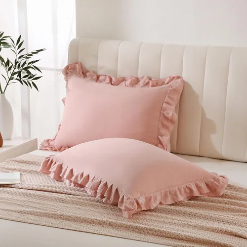 Vista 12 de Bedbay Juego de 2 fundas de almohada beige tamaño Queen, fundas de almohada con volantes, fundas de almohada Shabby Chic tamaño estándar, fundas