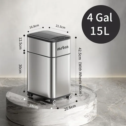 Vista 2 de MRBIN Cubo de basura automático de 4 galones con sensor de movimiento de absorción de acero inoxidable para baño, con tapa de mariposa y ruedas
