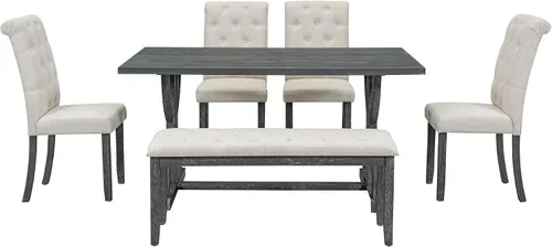 Vista 9 de Juego de mesa de comedor rectangular retro de 6 piezas, juego de mesa de comedor de cocina de madera maciza para 6, mesa con patas únicas y 4 sillas