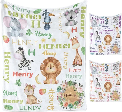 Vista 2 de KAINSY Manta personalizada de animales para niños y niñas, safari en la selva, manta con nombre personalizado para cama de cuarto de bebé