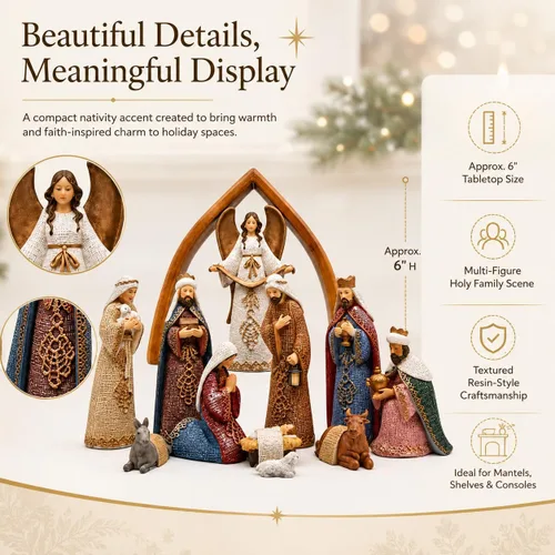 Vista 9 de Comfy Hour Faith and Hope Collection Baby Jesus, Santa Familia con Ángel, Belén de Navidad, juego de 11 piezas, poliresina