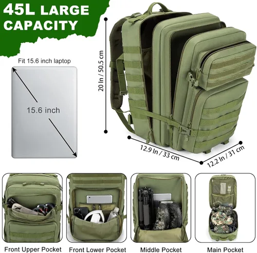 Vista 2 de Mochila Táctica 45L, Mochila Militar del Ejército, Resistente al Agua, Paquete MOLLE, Mochila de 3 Días de Emergencia Grande para Hombres y Mujeres