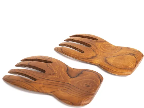 Vista 4 de Rainforest Bowls Manos para servir ensaladas de madera de teca javanesa, perfectas para mezclar, lanzar y servir ensalada, ultra duradero, diseño