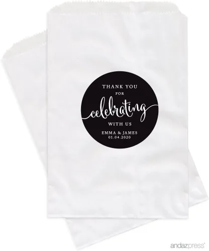 Vista 28 de Andaz Press Bolsas de regalo personalizadas para mesa de postre, agradecimiento por celebrar con nosotros, aguamarina, paquete de 24, personalizadas