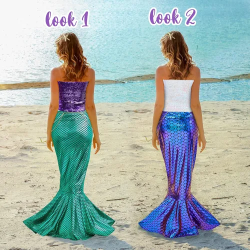Vista 6 de Panitay 2 Sets Halloween Mermaid Costume for Women Shiny Mermaid Skirt Sequin Tube Top Face Gems Pearl Waist and Head Chain