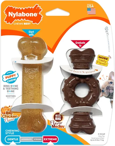 Vista 15 de Nylabone Anillo de dentición masticable para cachorros, juguete de hueso Anillo de hueso
