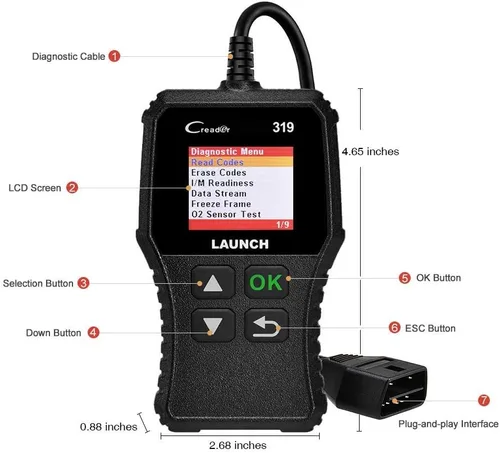 Vista 2 de Launch Lector de Código de Escáner OBD2 CR319 con Funciones Completas de Código de Revisión del Motor Negro