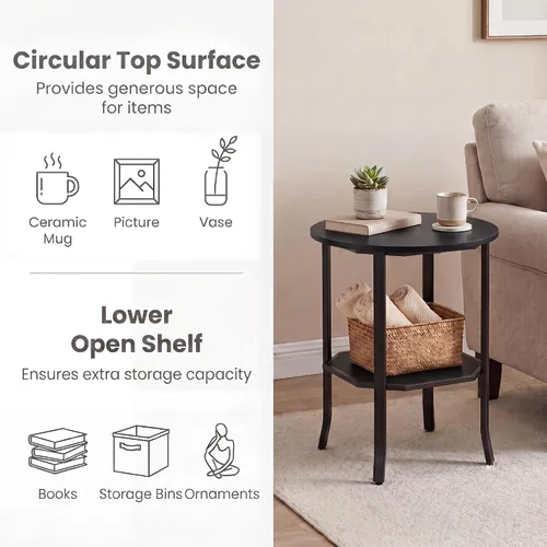 Vista 7 de Tangkula 2-Tier Round Side End Table, Small Nightstand with Storage Shelf, Industrial Modern Bedside & Sofa Side Table for Small Space, Bedroom
