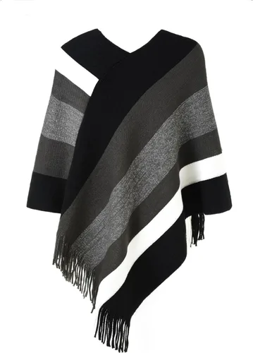 Vista 3 de Ferand Suéter tipo poncho a rayas para mujer, acogedor chal de punto con flecos para otoño e invierno Negro & gris