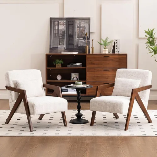 Vista 19 de Silla con acento moderno de mediados de siglo con marco de madera maciza, sillas tapizadas de chenilla para sala de estar con cojín para dormitorio