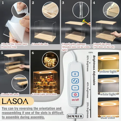 Vista 4 de LASOA Vitrina acrílica con luces LED ajustables, caja transparente de 5 niveles para figuras de acción y coleccionables, escaparate