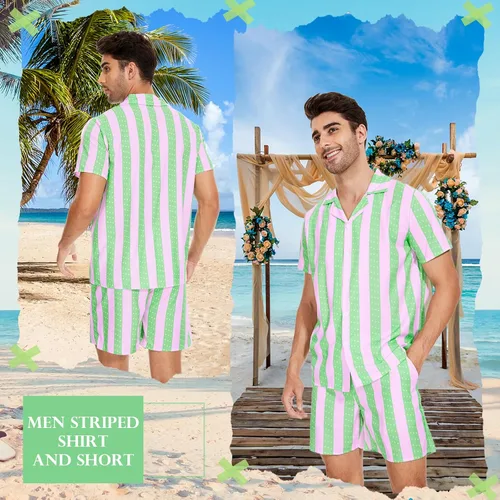 Vista 3 de Disfraz de Ken para adulto, Ken Cosplay Casual Playa a juego, camisa y pantalón corto a rayas para hombre, para fiesta de Halloween