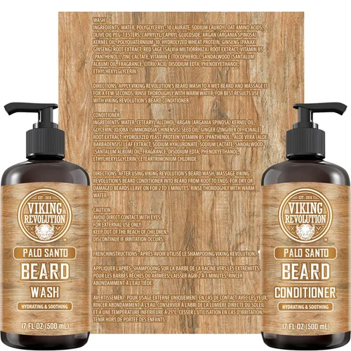 Vista 4 de Viking Revolution Juego de champú y acondicionador para barba Palo Santo con aceites de argán y jojoba - Suaviza y fortalece - Aroma natural a Palo