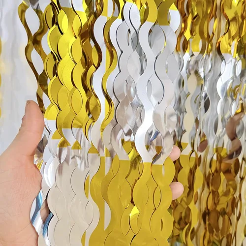 Vista 40 de GOER - Cortinas de tiras metálicas/oropel para fiestas, telón de fondo para fotos, Halloween, cumpleaños, decoración de bodas, de 3.2 x 9.8 pies