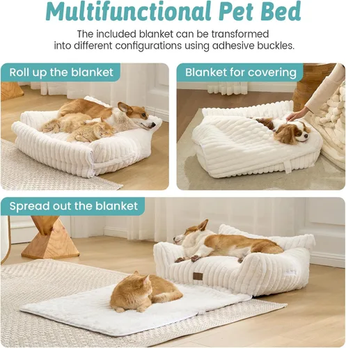 Vista 2 de COZY KISS Bonita cama para gatos con funda extraíble, sofá multifuncional de piel sintética de felpa para mascotas con manta, muebles ultra suaves