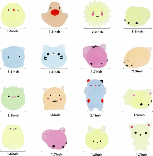 Vista 3 de Outee 16 piezas de juguetes Mochi Mini Mochi animales juguetes que brillan en la oscuridad, juguetes para aliviar el estrés, juguetes a granel, gato