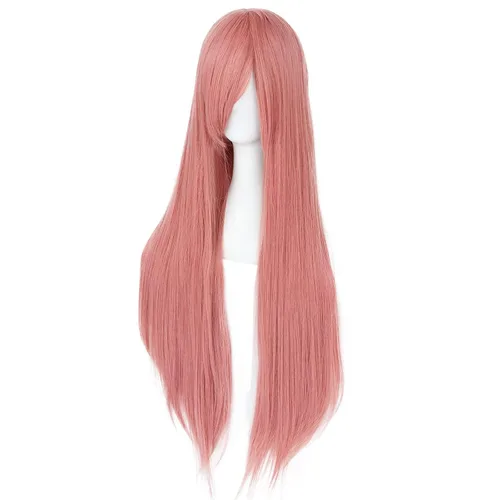 Vista 2 de Ebingoo Peluca rosa de 32 pulgadas de largo con flequillo para mujer + gorra de peluca larga y recta rosa, peluca de anime rosa con flequillo