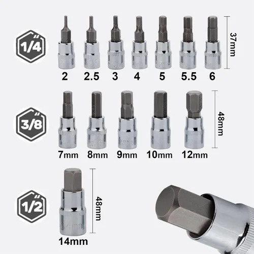 Vista 3 de Juego de llaves hexagonales Premium S2 de acero de aleación Kit de 13 piezas métricas 2mm - 14mm de llaves Allen