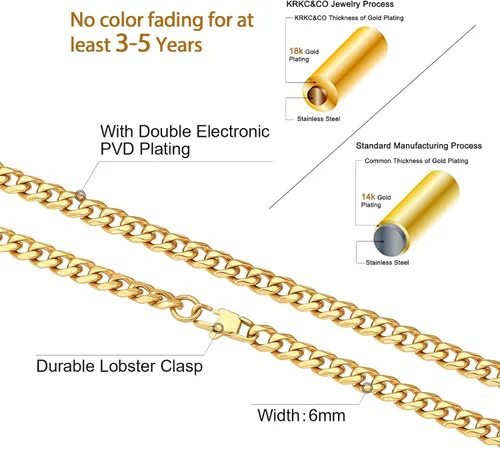 Vista 4 de KRKC&CO Cadenas de eslabones cubanos para hombre de 23560.354in, oro de 18 quilates, cadena de eslabones cubanos de Miami, joyería de hip hop