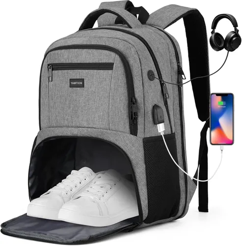 Vista 11 de YAMTION Mochila de gimnasio para hombres y mujeres con compartimento para zapatos, bolsa de libros de 17,3 pulgadas para niños con puerto USB