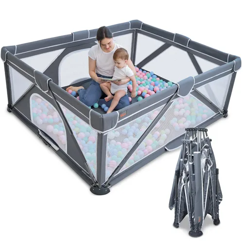 Vista 11 de Yobear - Corralito plegable para bebés y niños pequeños con 50 pelotas oceánicas y 2 asas, área de juego de seguridad para niños en interiores
