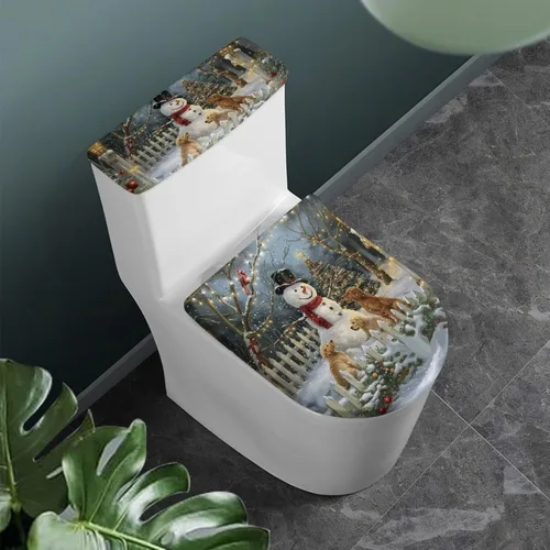Vista 2 de Juego de decoración de baño de 2 piezas con diseño de muñeco de nieve de Navidad, cubierta de tanque para asiento de inodoro