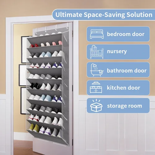 Vista 7 de TAHAVICE Organizador de zapatos de 10 niveles de gran tamaño sobre la puerta, con capacidad para 30 pares, zapatero colgante con bolsillos profundos