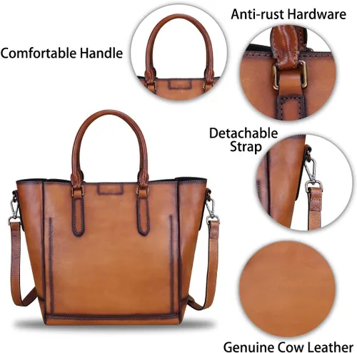 Vista 6 de Bolsos de cuero genuino para las mujeres Vintage hecho a mano Tote bolso de cuero de vaca bolso de hombro Satchel Top-Handle Bolsas para damas