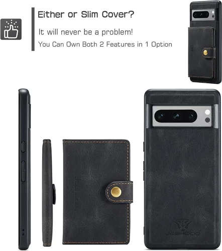 Vista 5 de Funda para Google Pixel 8 Pro 2023, cartera magnética desmontable con ranura para efectivo, soporte de carga inalámbrica con función de soporte Negro