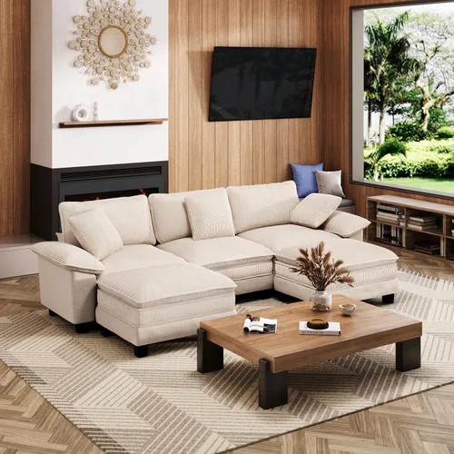 Vista 64 de Sofá seccional en forma de U de 123 pulgadas con cojines tipo nube, juego de sofá modular de asiento profundo con 5 asientos y 2 otomanos, brazos