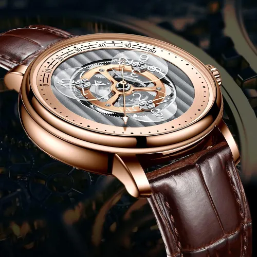 Vista 2 de GLENAW Automatic Watches for Men, Waterproof Watches for Men Dial Leather Band Skeleton Mechanical Watch 3 Transparent Hour Hand Wave