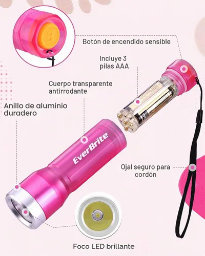 Vista 8 de Everbrite linterna mini, linterna LED con 3 modos, incluye 3 pilas AAA, linterna pequeña resistente al agua para emergencias y campamento, rosa