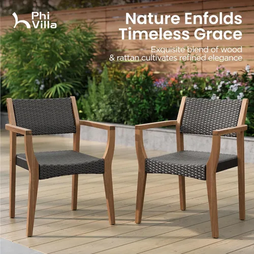 Vista 8 de PHI VILLA Juego de 2 sillas de madera de acacia para exteriores, sillones de comedor resistentes con respaldo y asiento de mimbre, muebles